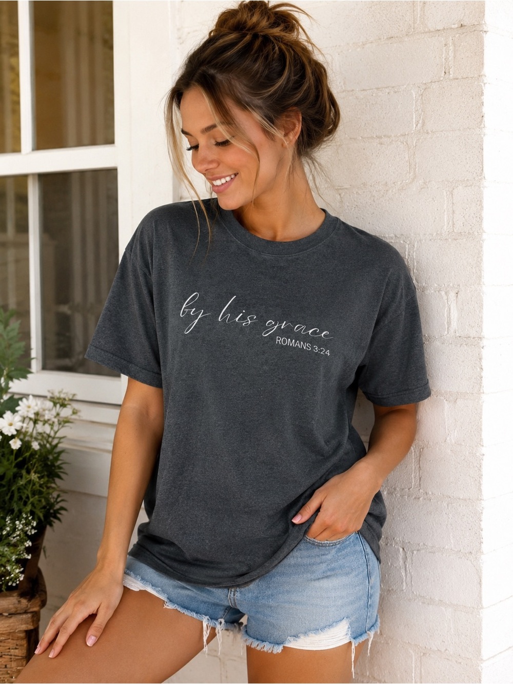 By ✝️ His Grace Charcoal Graphic Tee - Women size medium Christian shirt bible